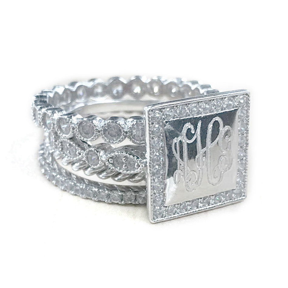 Sterling Silver Square CZ Rimmed Monogram Stacking Ring