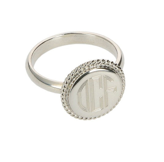 Personalized Sterling Silver Round Rope Trim Ring