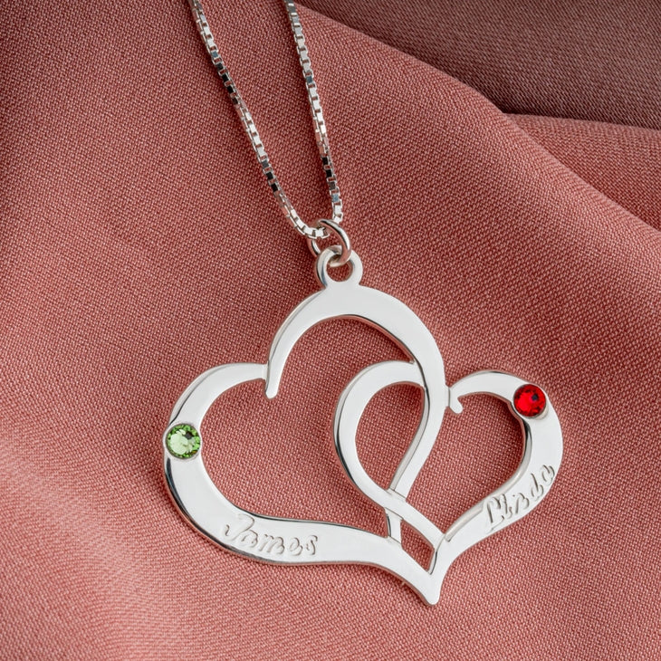 two heart names and birthstone necklace