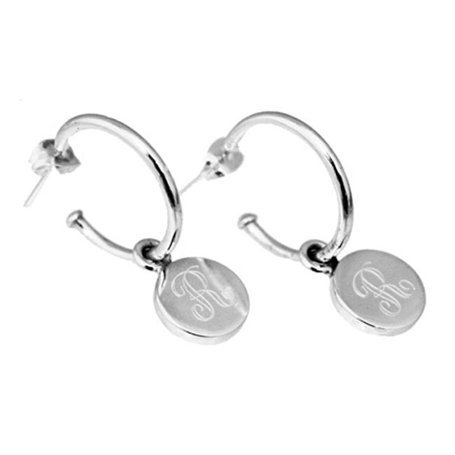 Monogram Sterling Silver Small Round Charm Hoop Earrings