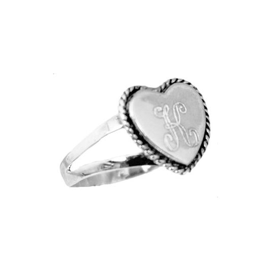 Silver Engraved Monogram Heart Ring