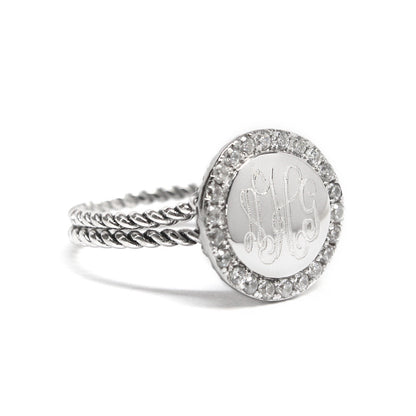 Sterling Silver Round CZ Rimmed Double Rope Band Monogram Ring