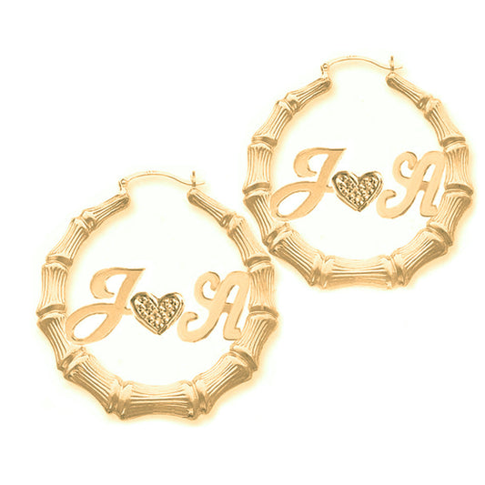 Two Initials and Heart Bamboo Hoop Earrings
