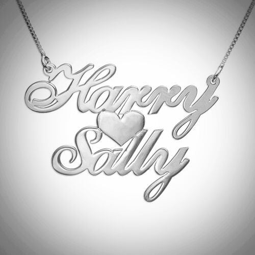 Silver Two Names and Heart Necklace