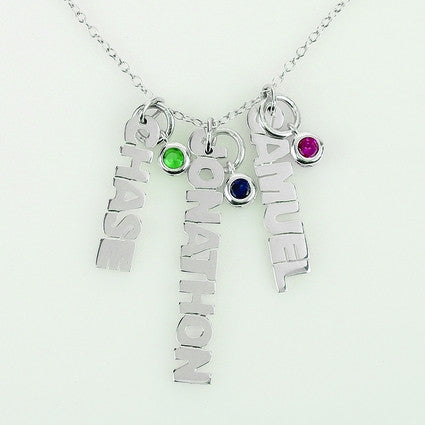 Silver Vertical Mini Nameplate Necklace with Birthstone