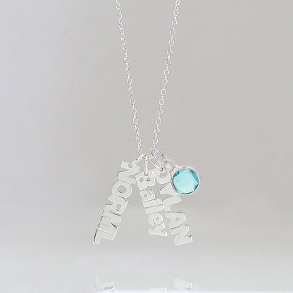 Silver Vertical Mini Nameplate Necklace with Birthstone